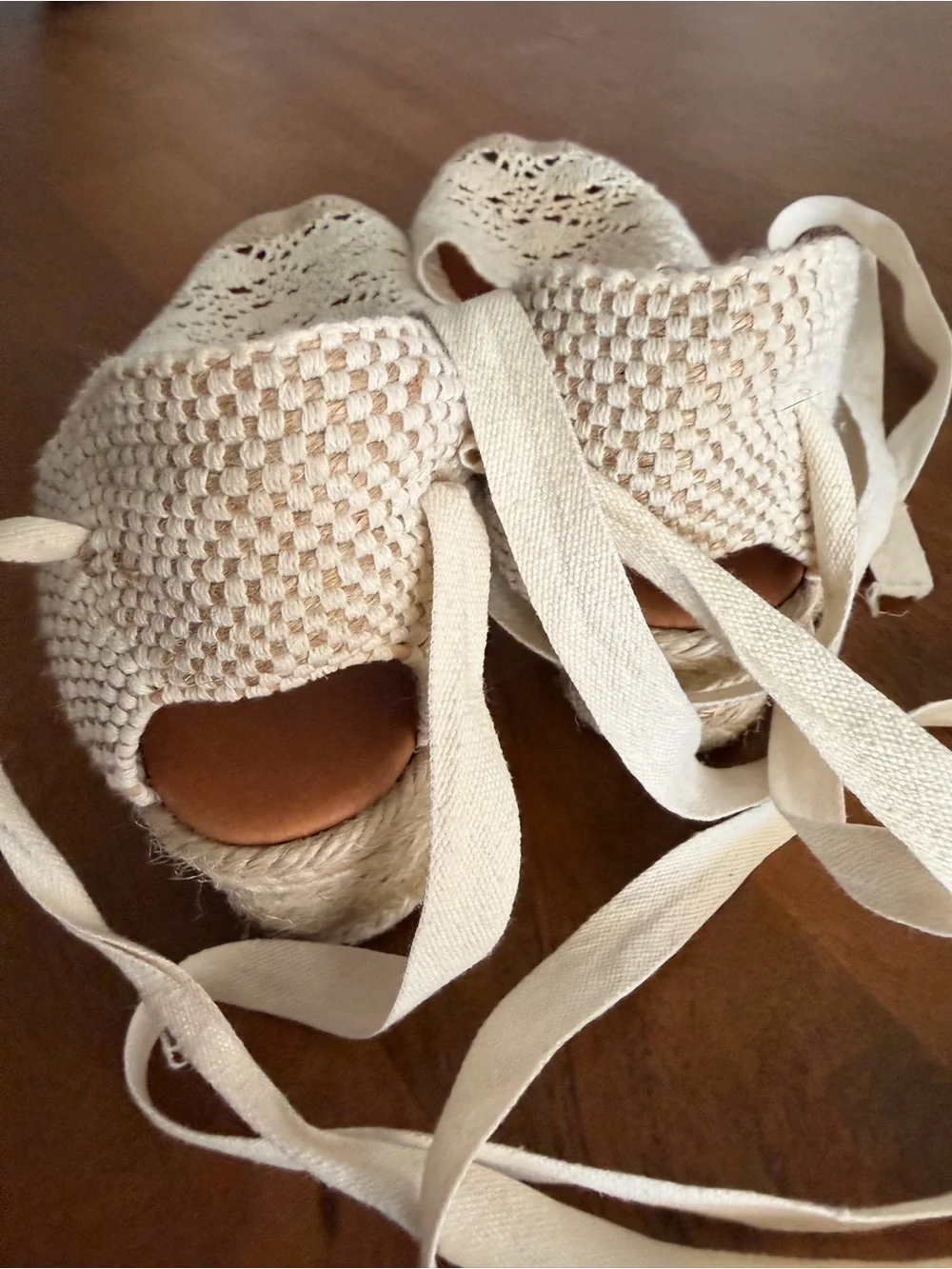 Crochet Espadrille Ankle-Tie Wedges in Cream